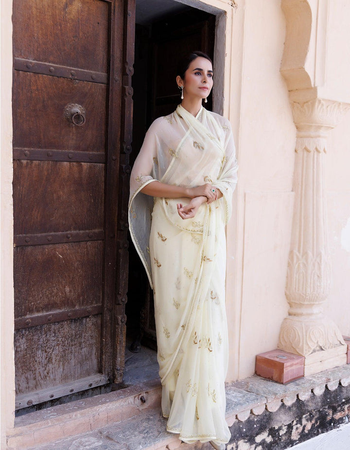 Pale Yellow Hand Embroidered Resham-Tube Chiffon Saree - Geroo Jaipur