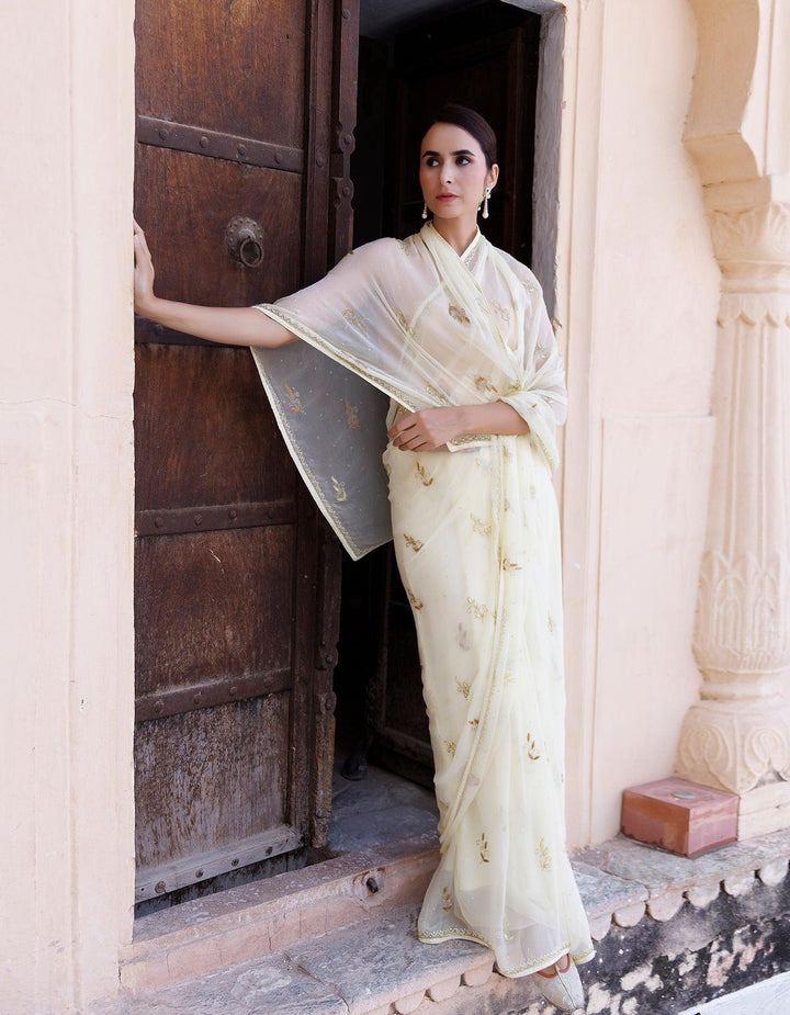 Pale Yellow Hand Embroidered Resham-Tube Chiffon Saree - Geroo Jaipur