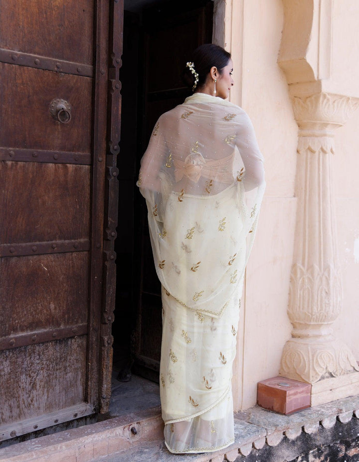 Pale Yellow Hand Embroidered Resham-Tube Chiffon Saree - Geroo Jaipur