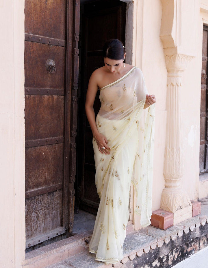 Pale Yellow Hand Embroidered Resham-Tube Chiffon Saree - Geroo Jaipur