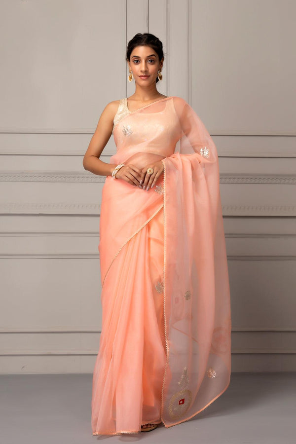 Pastel Peach Handcrafted Gota Patti Organza Saree - Geroo Jaipur