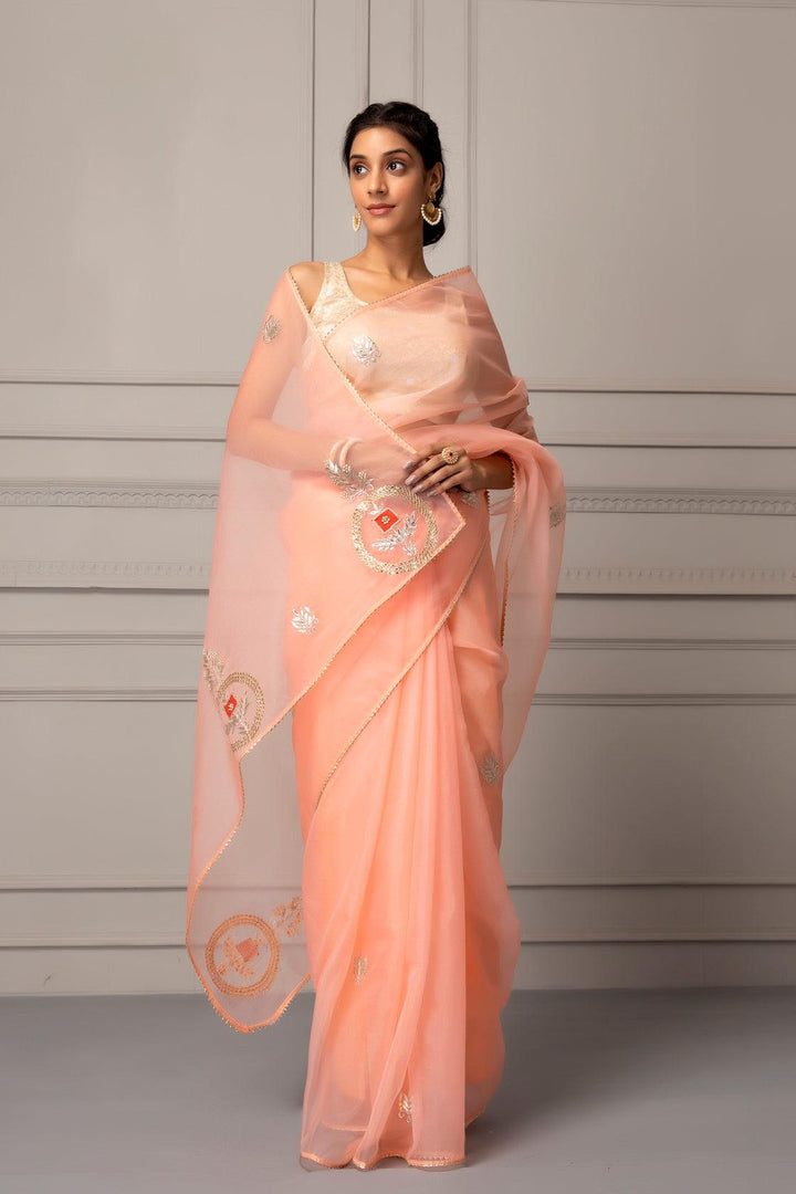 Pastel Peach Handcrafted Gota Patti Organza Saree - Geroo Jaipur