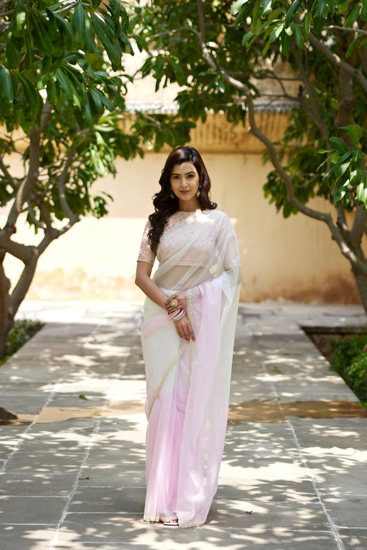 Pastel pink-cream shaded organza hand embroidered organza saree - Geroo Jaipur