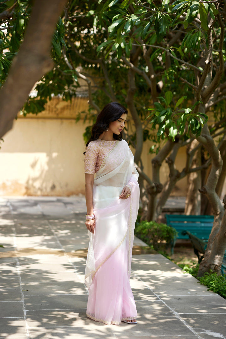 Pastel pink-cream shaded organza hand embroidered organza saree - Geroo Jaipur