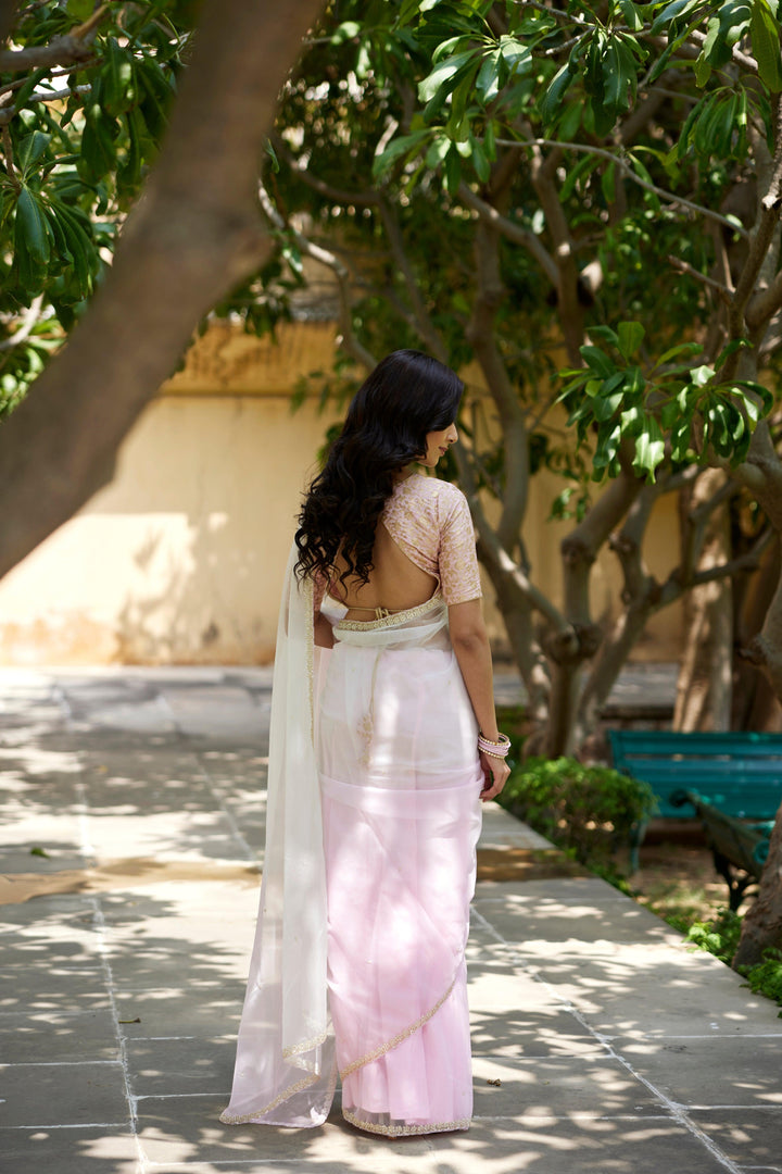 Pastel pink-cream shaded organza hand embroidered organza saree - Geroo Jaipur