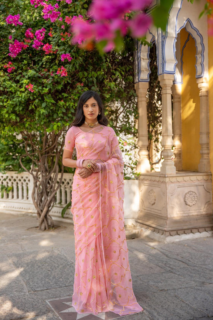 Pastel Pink Handcrafted Gota Jaal Chiffon Saree - Geroo Jaipur