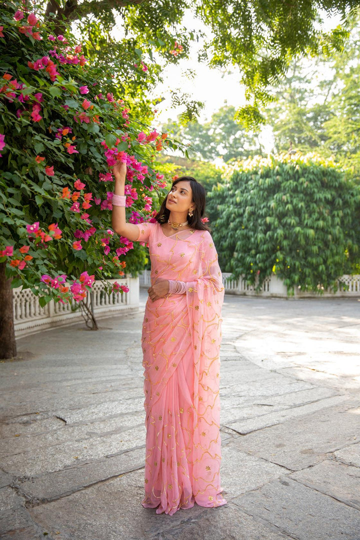 Pastel Pink Handcrafted Gota Jaal Chiffon Saree - Geroo Jaipur