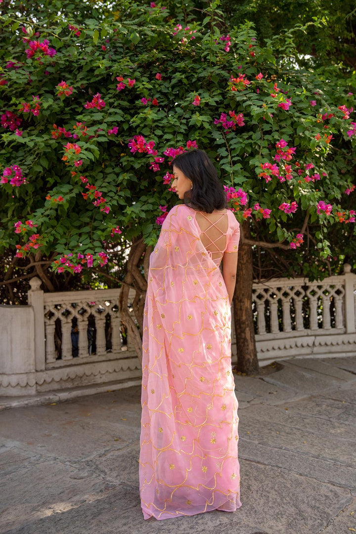 Pastel Pink Handcrafted Gota Jaal Chiffon Saree - Geroo Jaipur