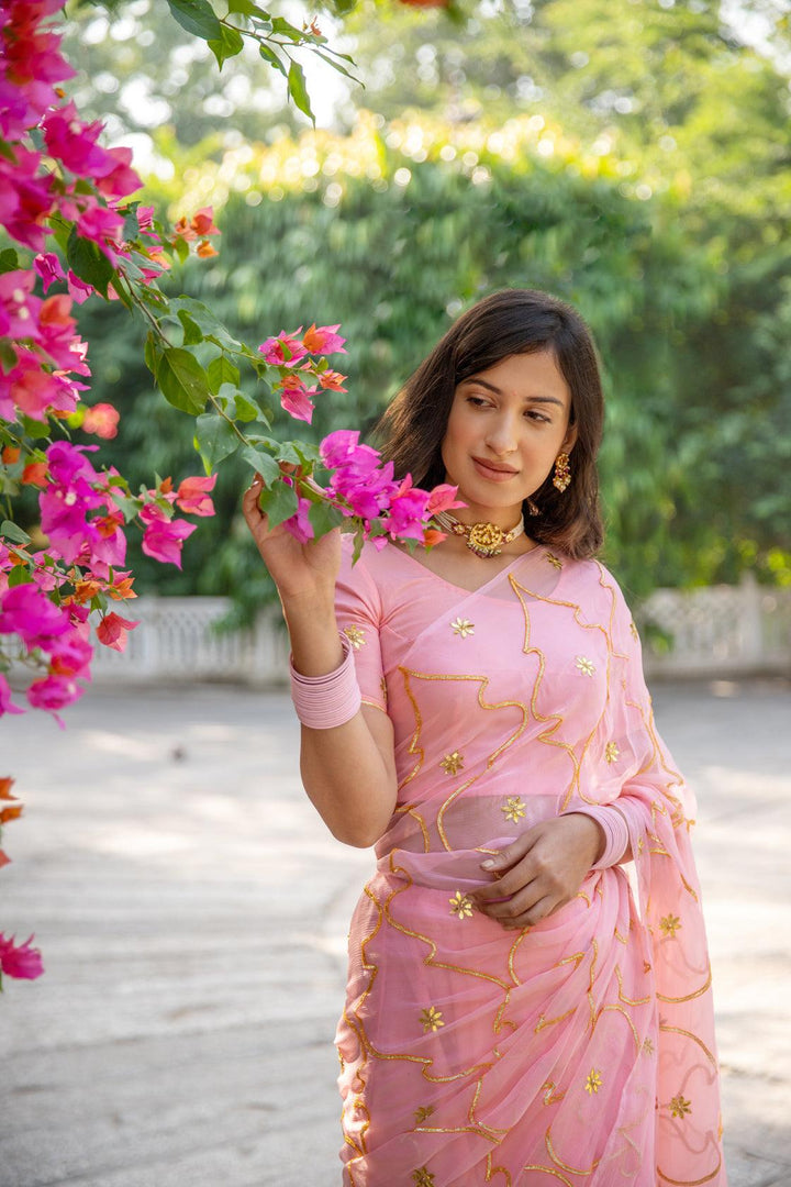 Pastel Pink Handcrafted Gota Jaal Chiffon Saree - Geroo Jaipur