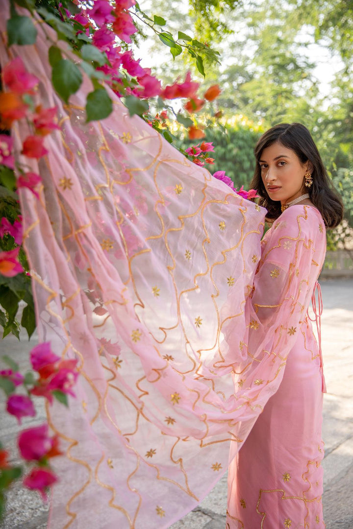 Pastel Pink Handcrafted Gota Jaal Chiffon Saree - Geroo Jaipur