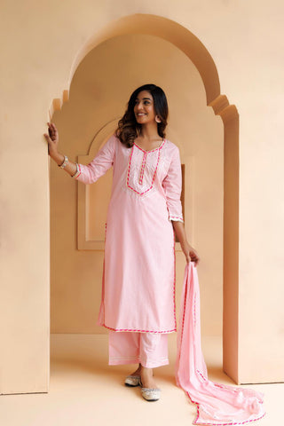 Pastel Pink Handcrafted Straight Cotton Kurta Set With Dupatta - Geroo Jaipur