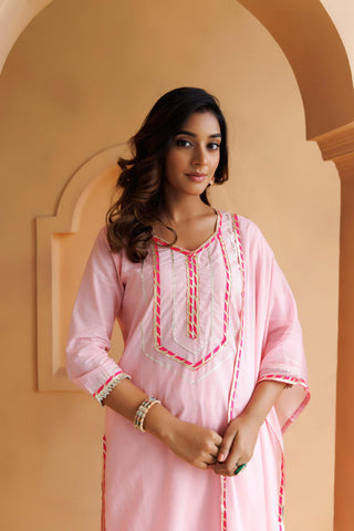 Pastel Pink Handcrafted Straight Cotton Kurta Set With Dupatta - Geroo Jaipur