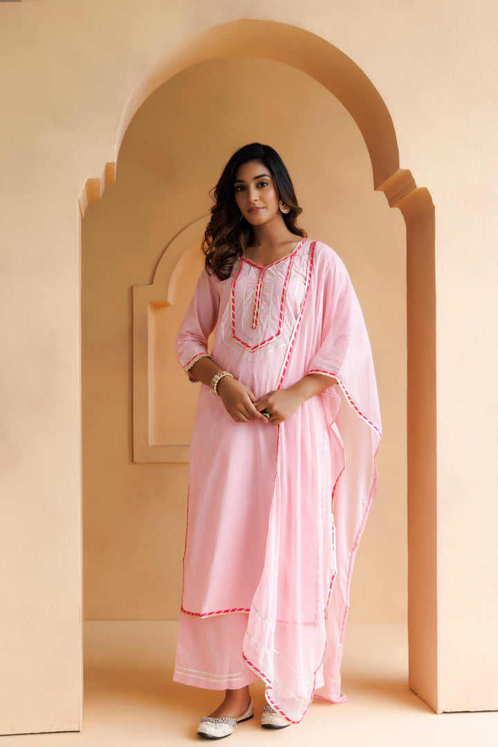 Pastel Pink Handcrafted Straight Cotton Kurta Set With Dupatta - Geroo Jaipur