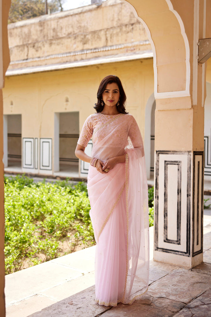 Pastel pink organza hand embroidered saree - Geroo Jaipur