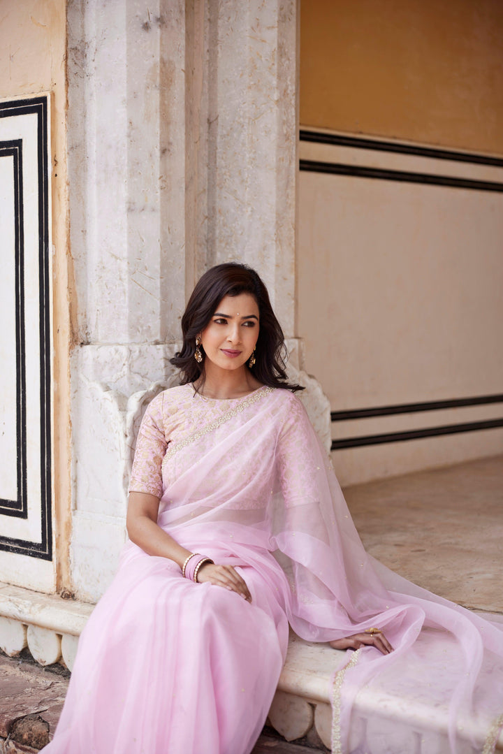 Pastel pink organza hand embroidered saree - Geroo Jaipur