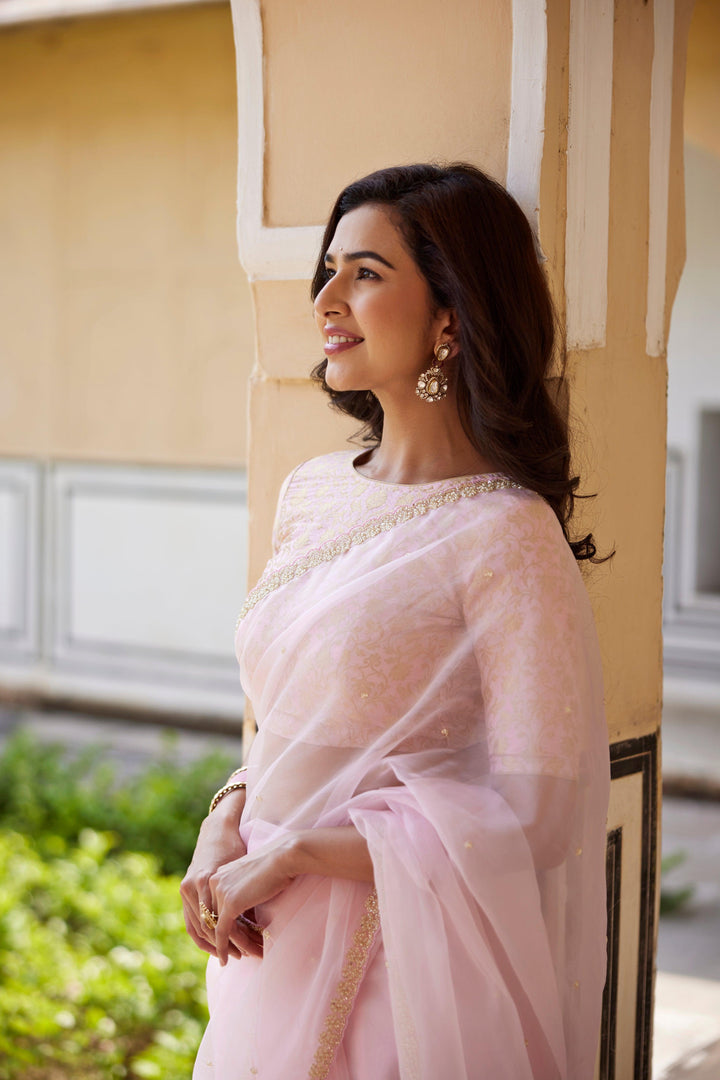 Pastel pink organza hand embroidered saree - Geroo Jaipur