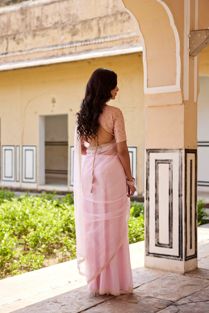 Pastel pink organza hand embroidered saree - Geroo Jaipur