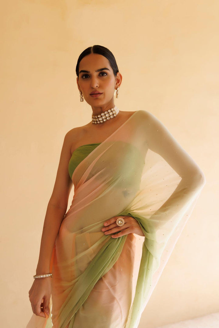 Peach-Green Shaded Mukaish Hand Embroidered Chiffon Saree - Geroo Jaipur