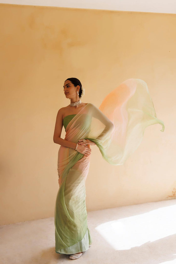 Peach-Green Shaded Mukaish Hand Embroidered Chiffon Saree - Geroo Jaipur