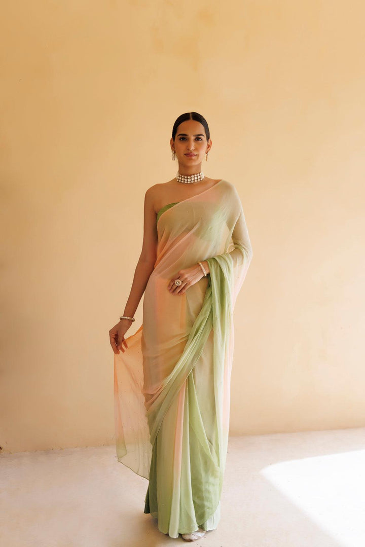 Peach-Green Shaded Mukaish Hand Embroidered Chiffon Saree - Geroo Jaipur