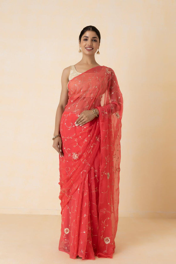 Peach Hand Embroidered Aari Work Chiffon Saree - Geroo Jaipur