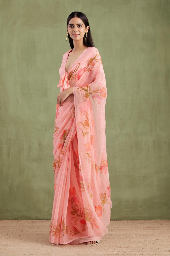 Peach Hand Painted Mukaish Chiffon Saree - Geroo Jaipur