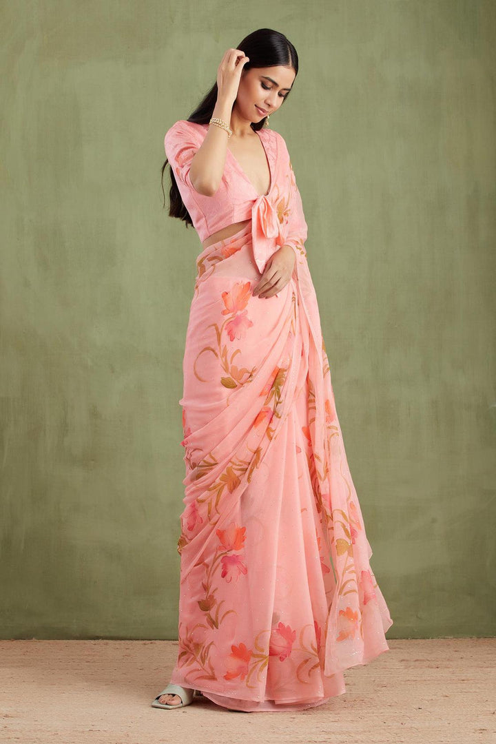 Peach Hand Painted Mukaish Chiffon Saree - Geroo Jaipur