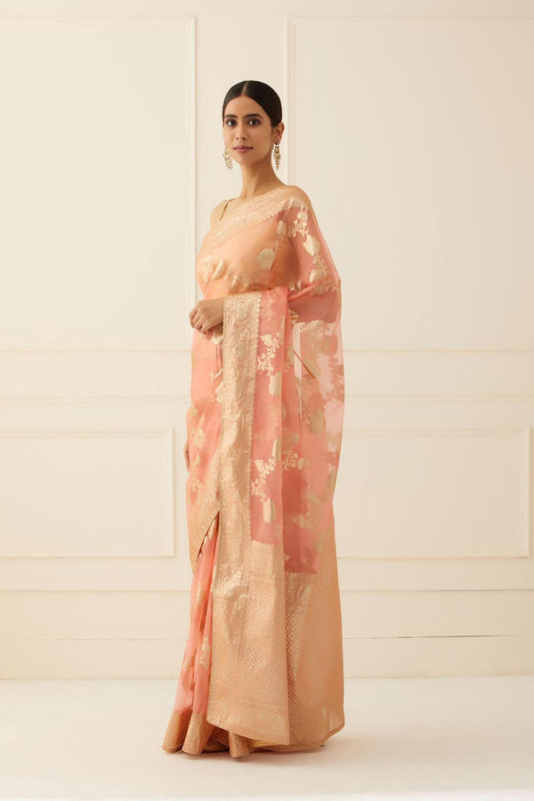 Peach Hand Woven Floral Zari Organza Banarasi Saree - Geroo Jaipur