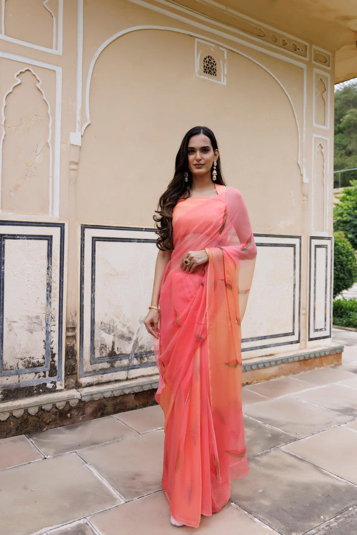 Peach Shaded Hand Painted Floral Chiffon Saree - Geroo Jaipur