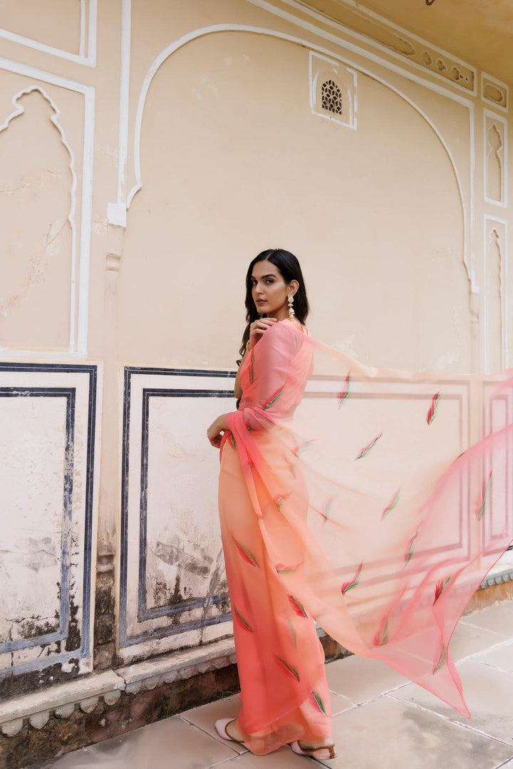 Peach Shaded Hand Painted Floral Chiffon Saree - Geroo Jaipur