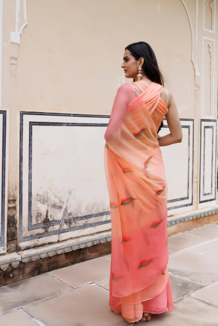 Peach Shaded Hand Painted Floral Chiffon Saree - Geroo Jaipur