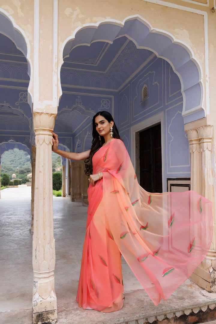 Peach Shaded Hand Painted Floral Chiffon Saree - Geroo Jaipur