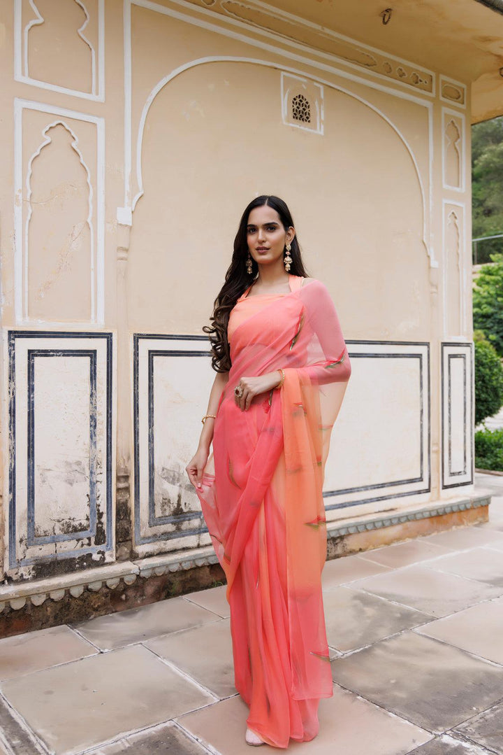 Peach Shaded Hand Painted Floral Chiffon Saree - Geroo Jaipur