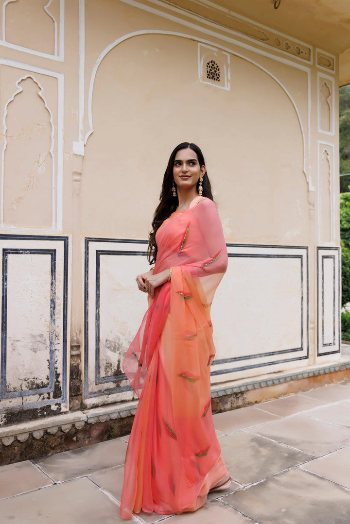 Peach Shaded Hand Painted Floral Chiffon Saree - Geroo Jaipur