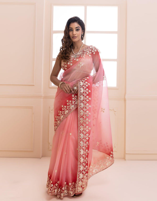 Peach Shaded Handcrafted Gota Patti Organza Saree - Geroo Jaipur