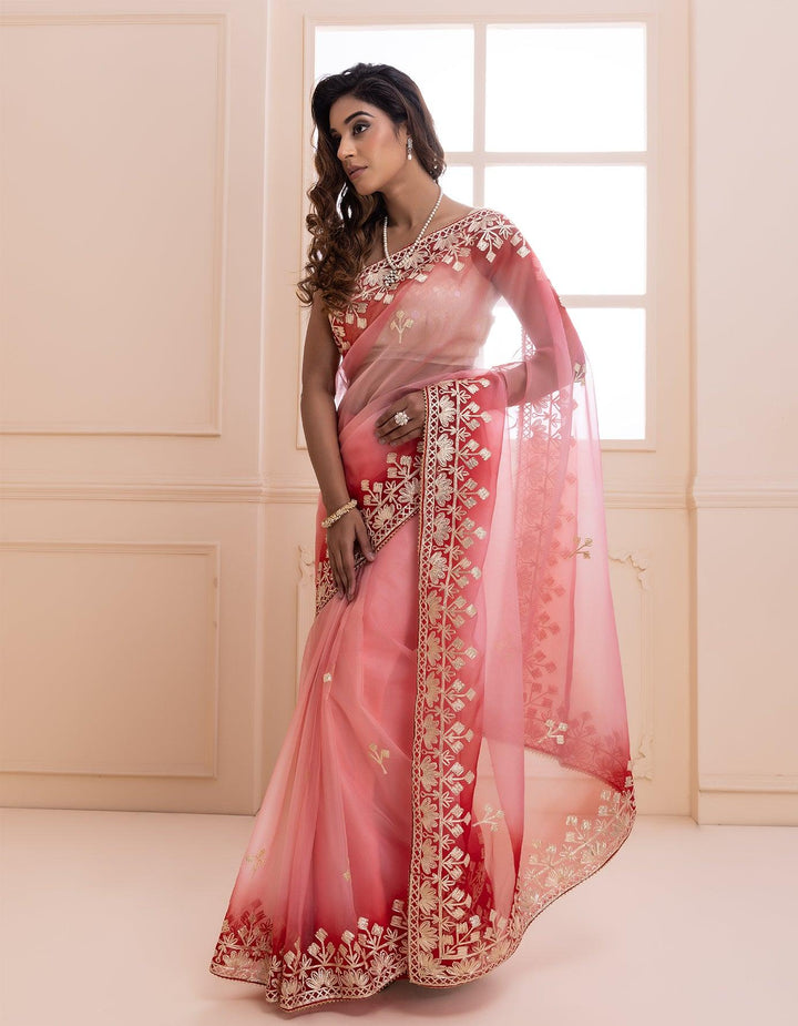 Peach Shaded Handcrafted Gota Patti Organza Saree - Geroo Jaipur