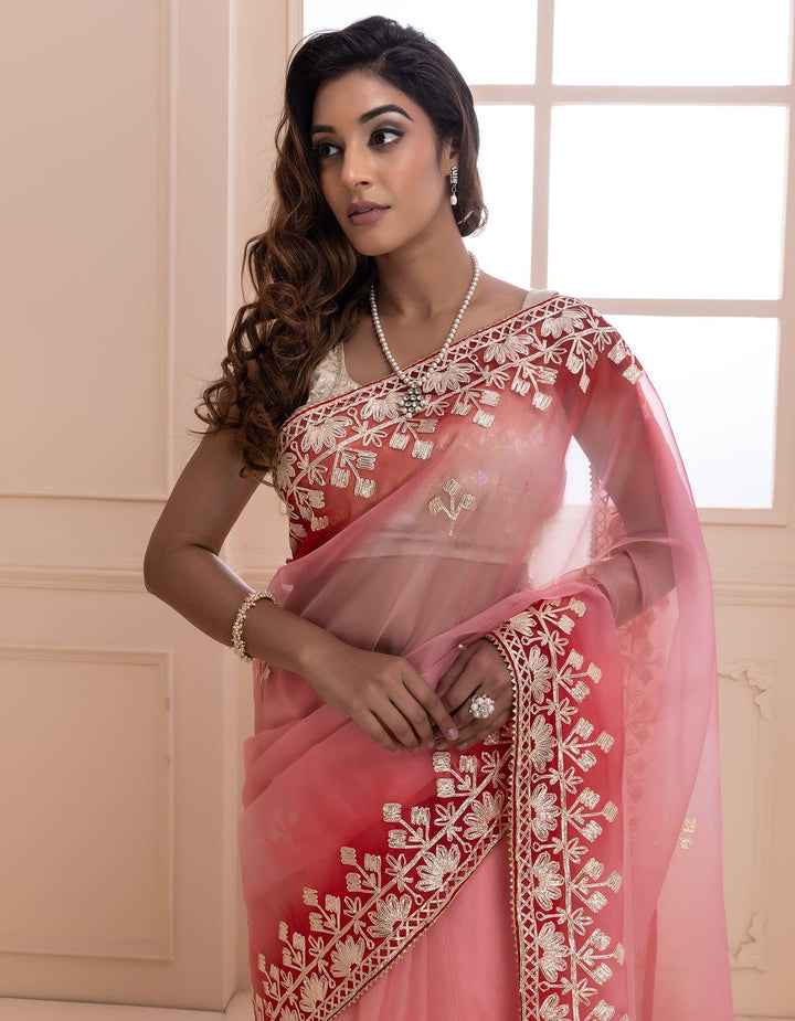 Peach Shaded Handcrafted Gota Patti Organza Saree - Geroo Jaipur