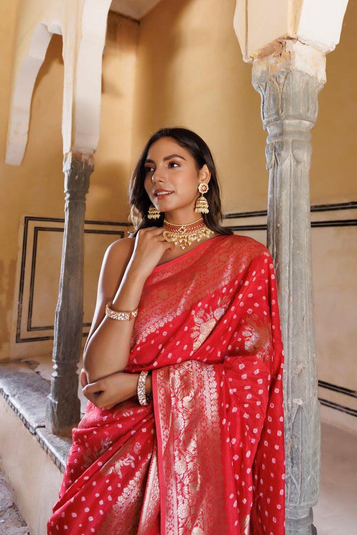 Peach silk banarasi bandhani saree - Geroo Jaipur