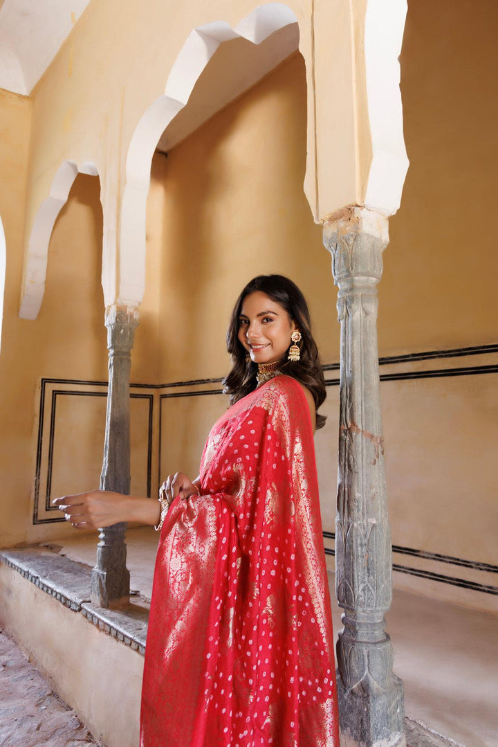 Peach silk banarasi bandhani saree - Geroo Jaipur