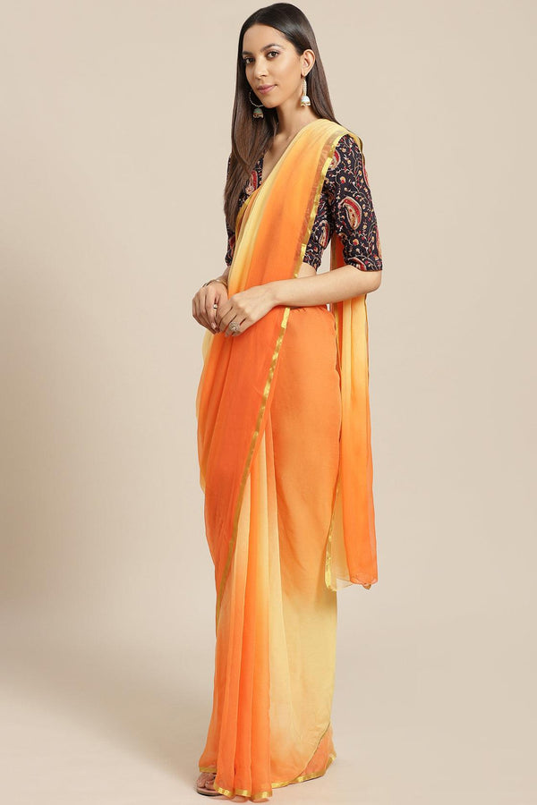 Peach-Yellow Shaded Hand-Dyed Chiffon Saree With Hand Block Printed Blouse - Geroo Jaipur