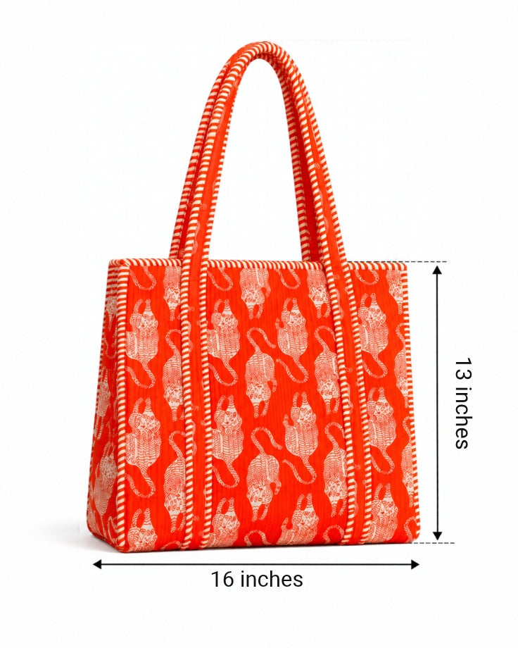 Orange Animal Motif Hand Block Printed Quilted Tote Bag