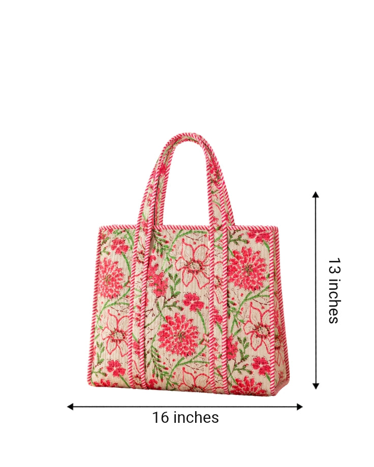 Pink and White floral Hand Block Print Quilted Tote Bag