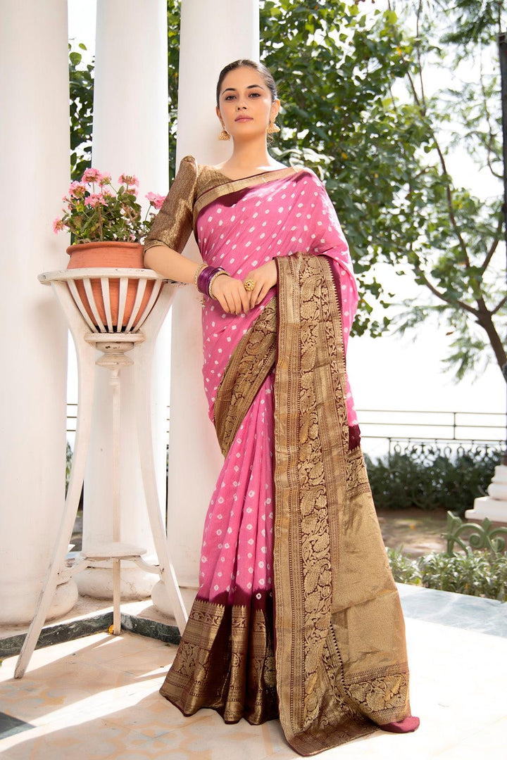 Pink & Golden Handcrafted Bandhani Modal Silk Saree With Kanchipuram Border - Geroo Jaipur