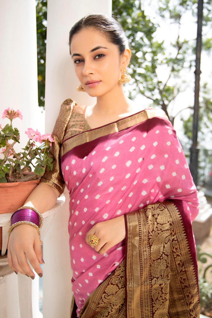 Pink & Golden Handcrafted Bandhani Modal Silk Saree With Kanchipuram Border - Geroo Jaipur