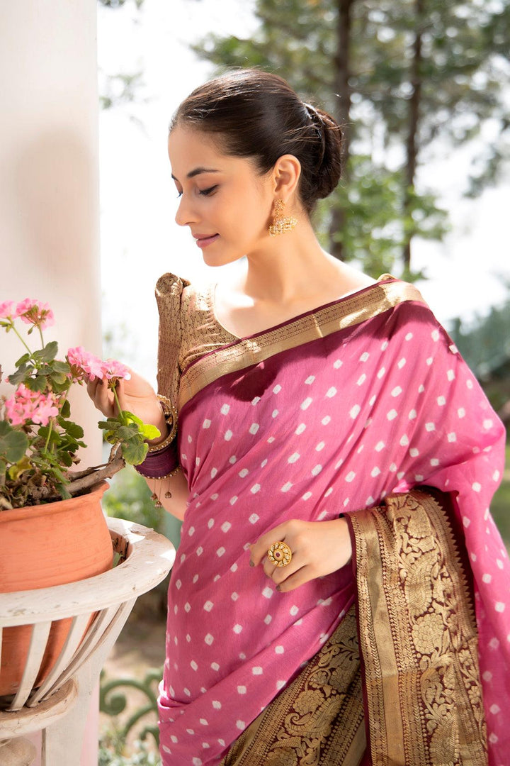 Pink & Golden Handcrafted Bandhani Modal Silk Saree With Kanchipuram Border - Geroo Jaipur