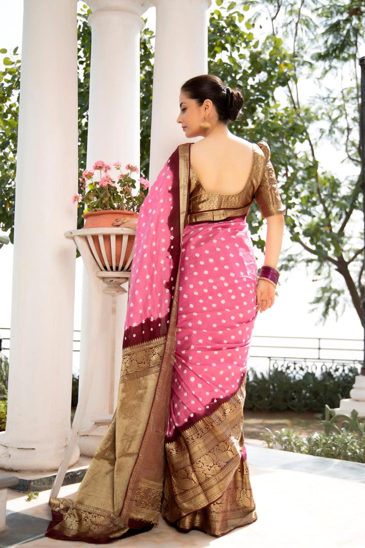 Pink & Golden Handcrafted Bandhani Modal Silk Saree With Kanchipuram Border - Geroo Jaipur