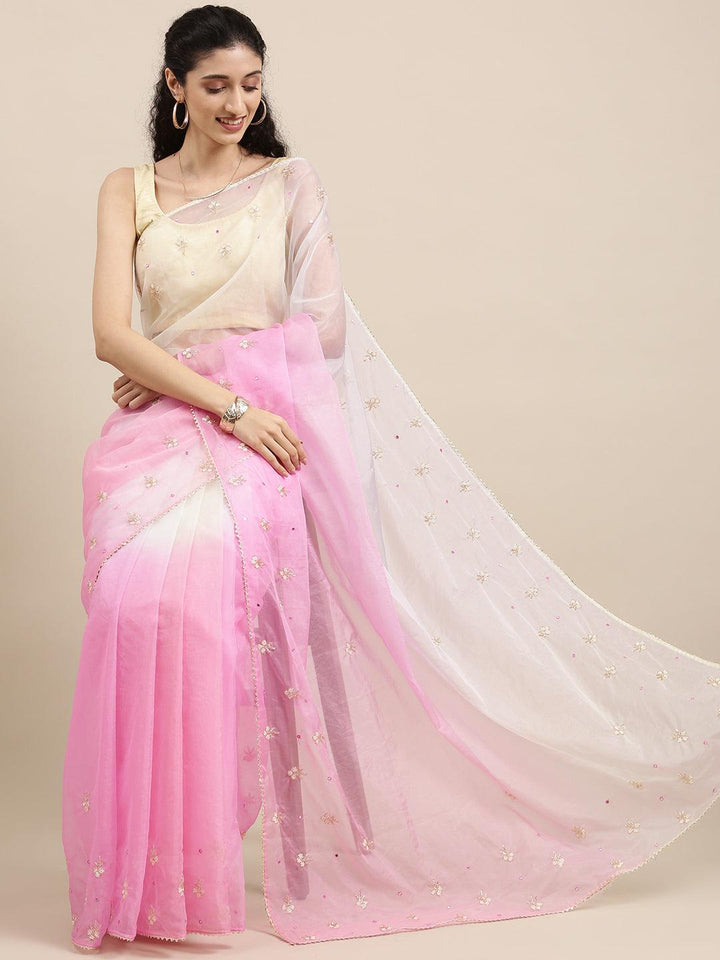 Pink and Off White Shaded Handcrafted Organza Saree - Geroo Jaipur