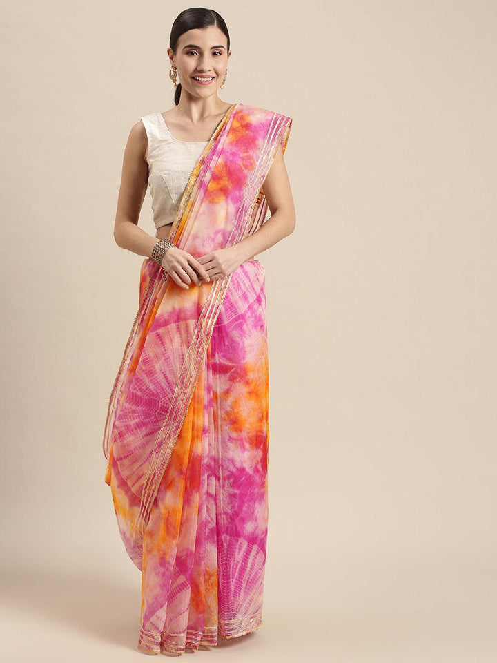 Pink & Orange Hand Dyed Shibori Organza Saree - Geroo Jaipur