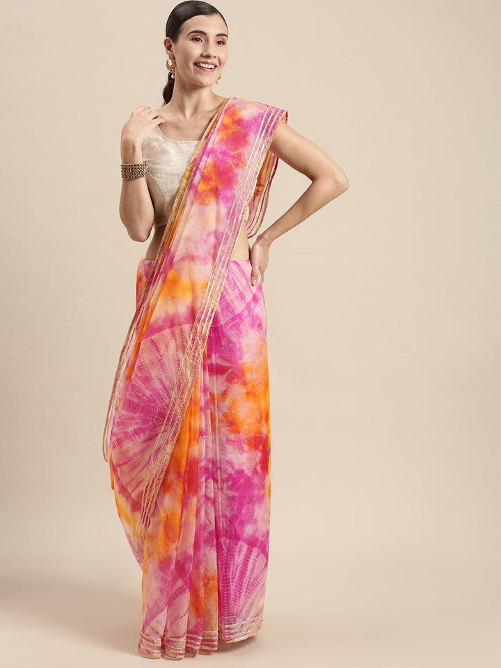 Pink & Orange Hand Dyed Shibori Organza Saree - Geroo Jaipur