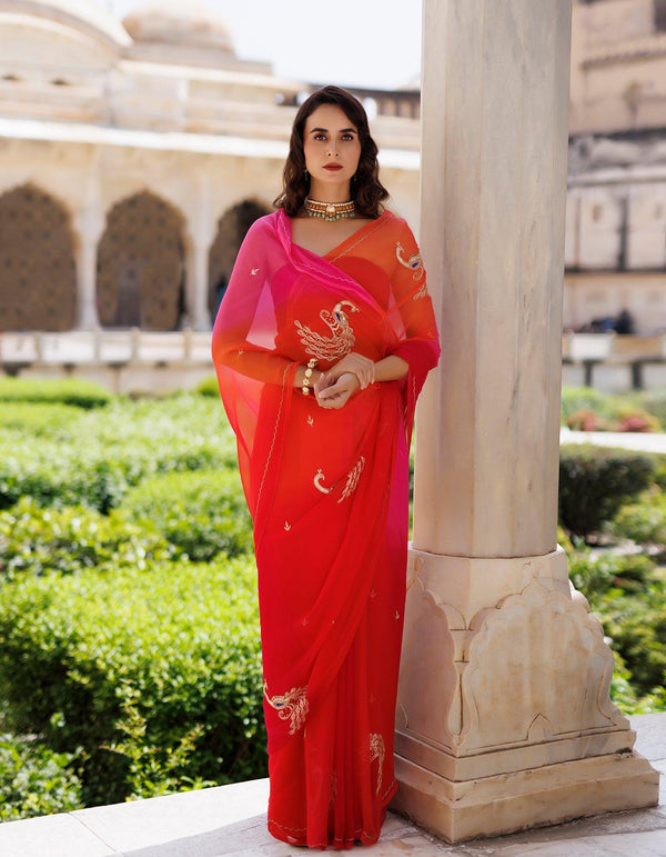 Pink & Orange shaded Hand embroidered Chiffon saree - Geroo Jaipur